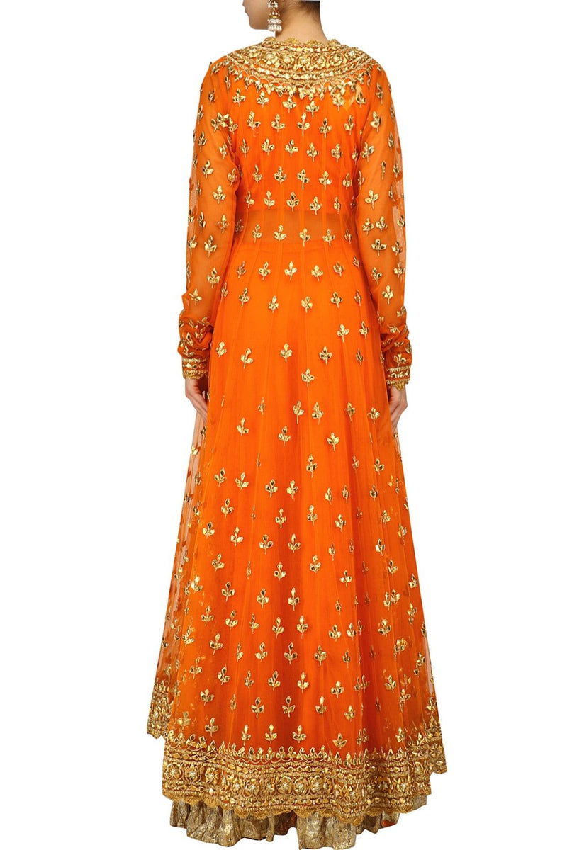 Orange Pearl Studded Scalloped Hem Jacket, Blouse And Lehenga Set - Preeti s kapoor