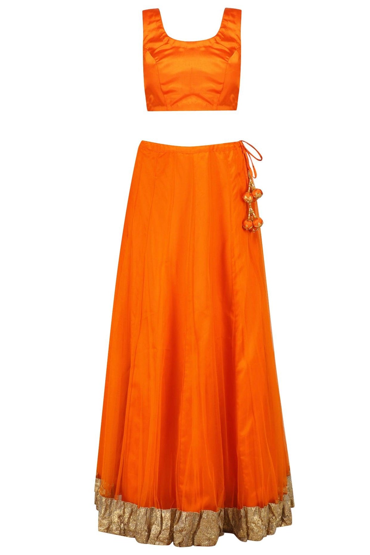 Orange Pearl Studded Scalloped Hem Jacket, Blouse And Lehenga Set - Preeti s kapoor