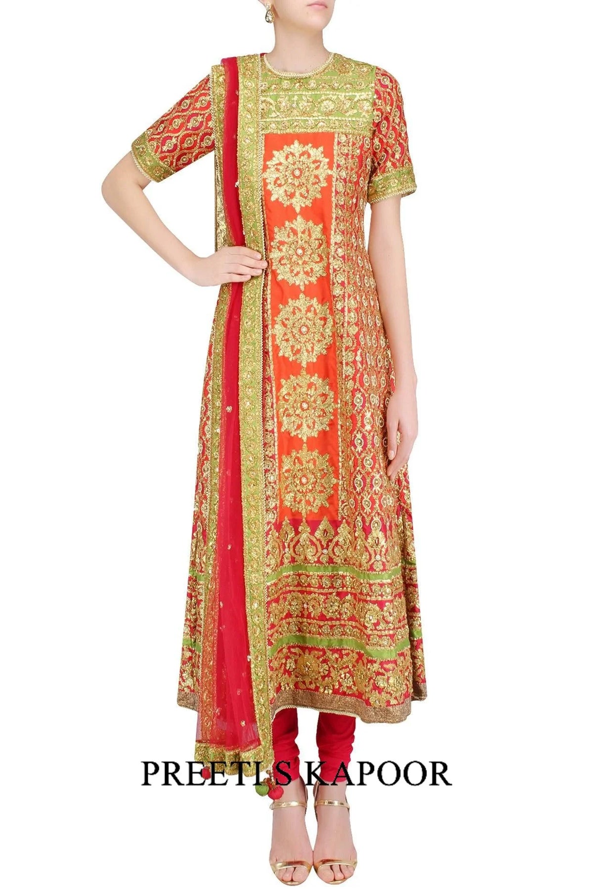 Red And Green Gota Patti Embroidered Anarkali Set - Preeti S Kapoor