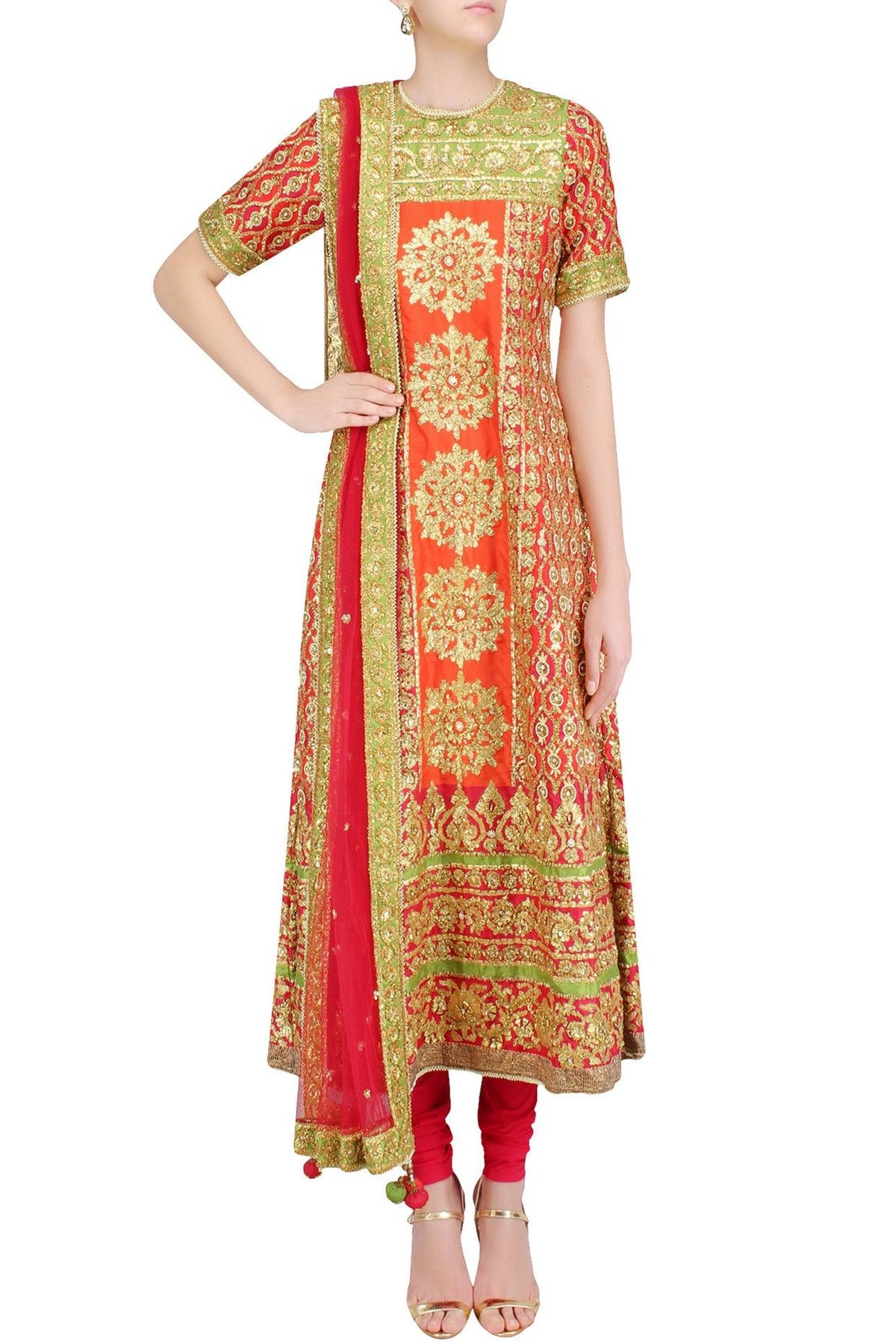 Red And Green Gota Patti Embroidered Anarkali Set - Preeti s kapoor