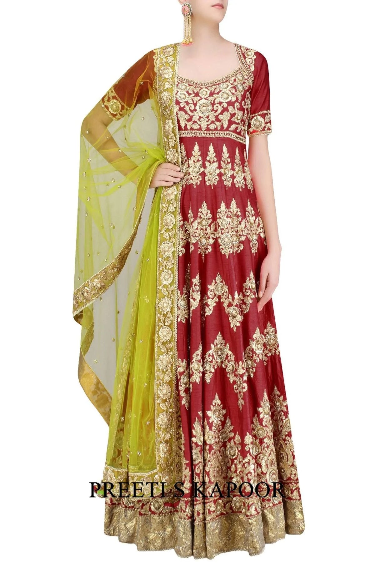 Red And Gold Gota Patti Embroidered Floral Motifs Anarkali Set - Preeti S Kapoor