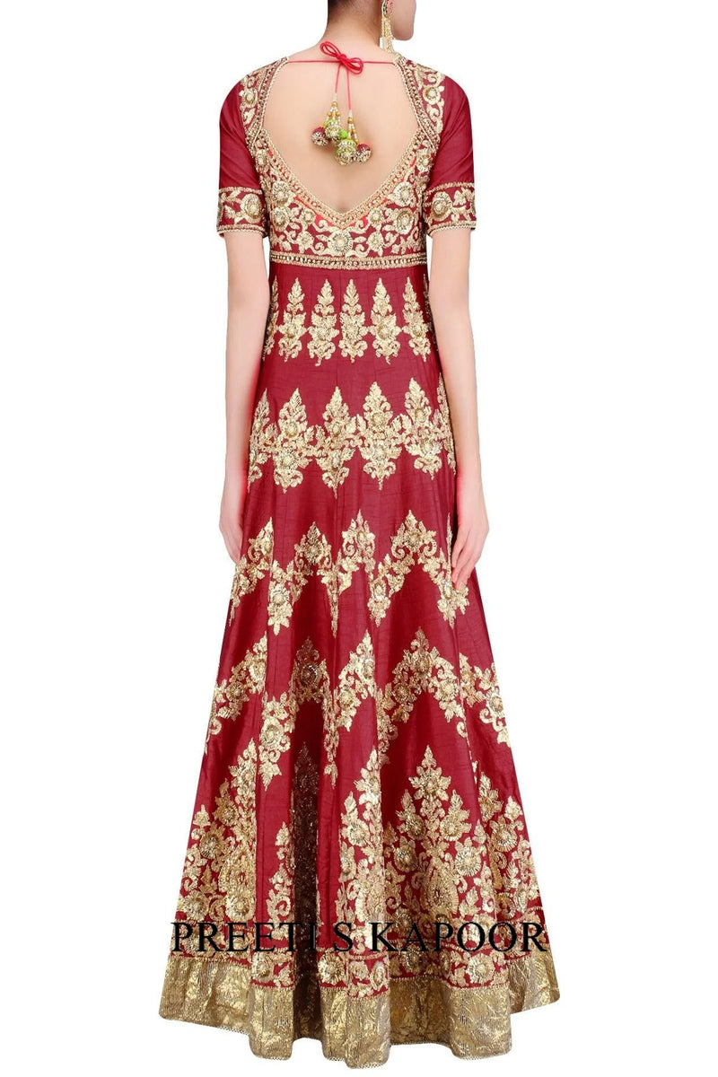 Red And Gold Gota Patti Embroidered Floral Motifs Anarkali Set - Preeti S Kapoor