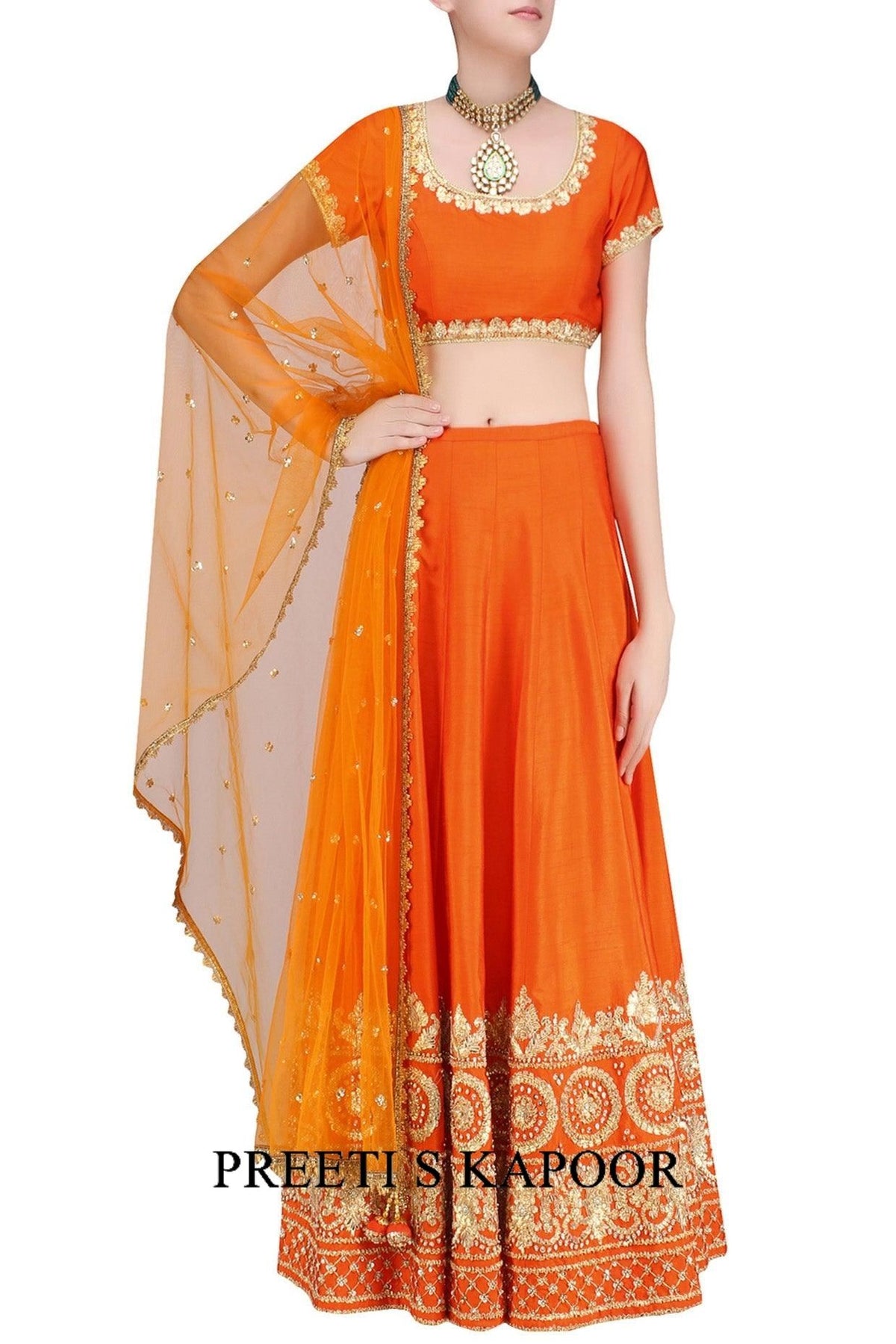 Orange And Gold Gota Patti Embroidered Lehenga Set - Preeti s kapoor