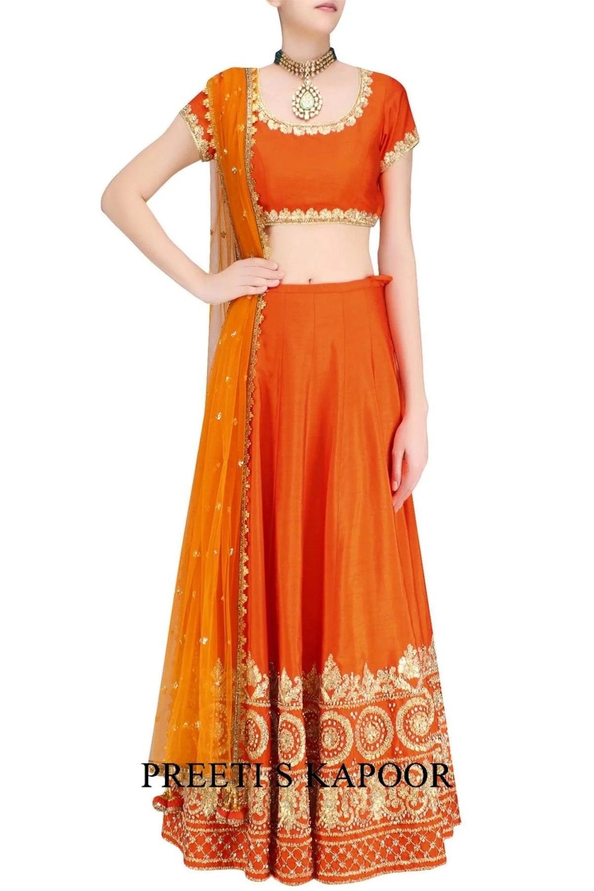 Orange And Gold Gota Patti Embroidered Lehenga Set - Preeti S Kapoor