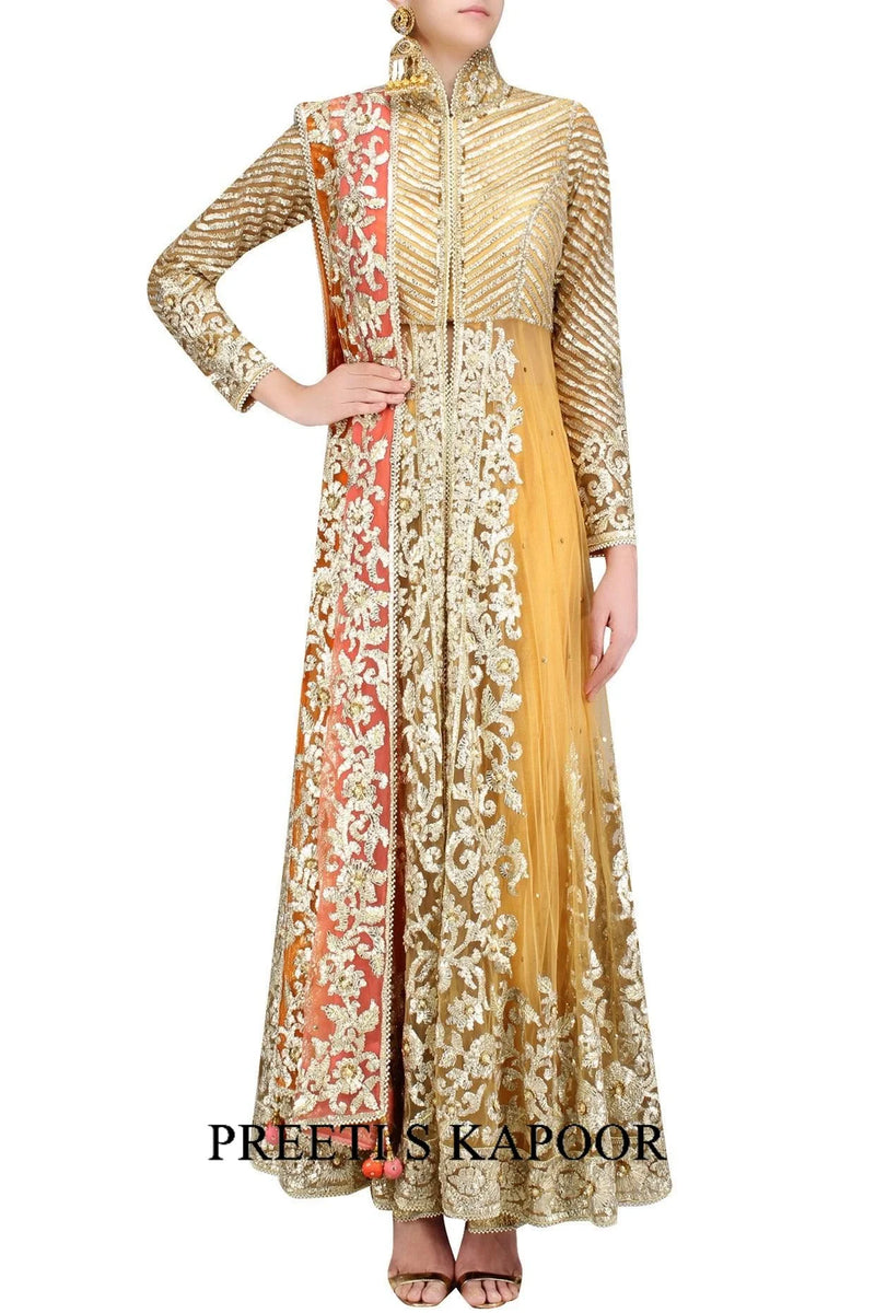Brown Gota Embroidered Front Slit Anarkali Set - Preeti S Kapoor
