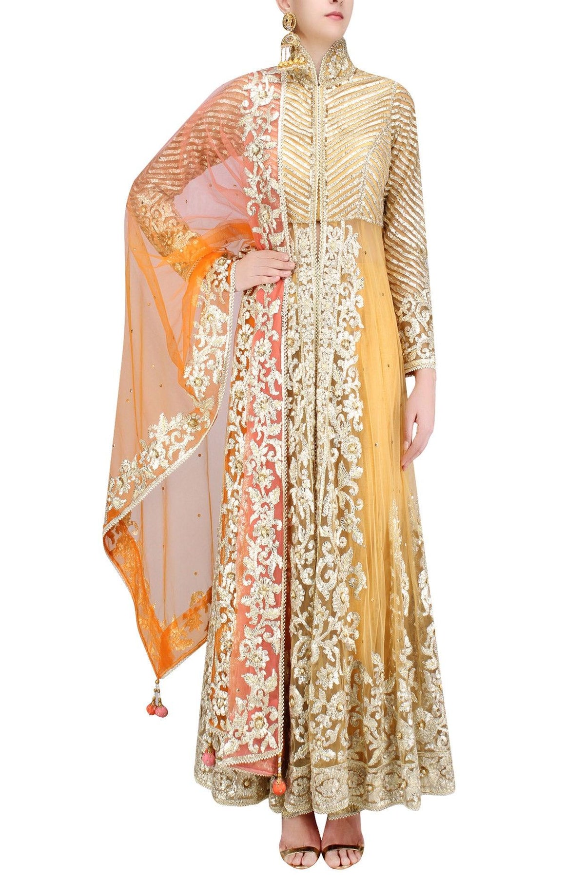 Brown Gota Embroidered Front Slit Anarkali Set - Preeti s kapoor