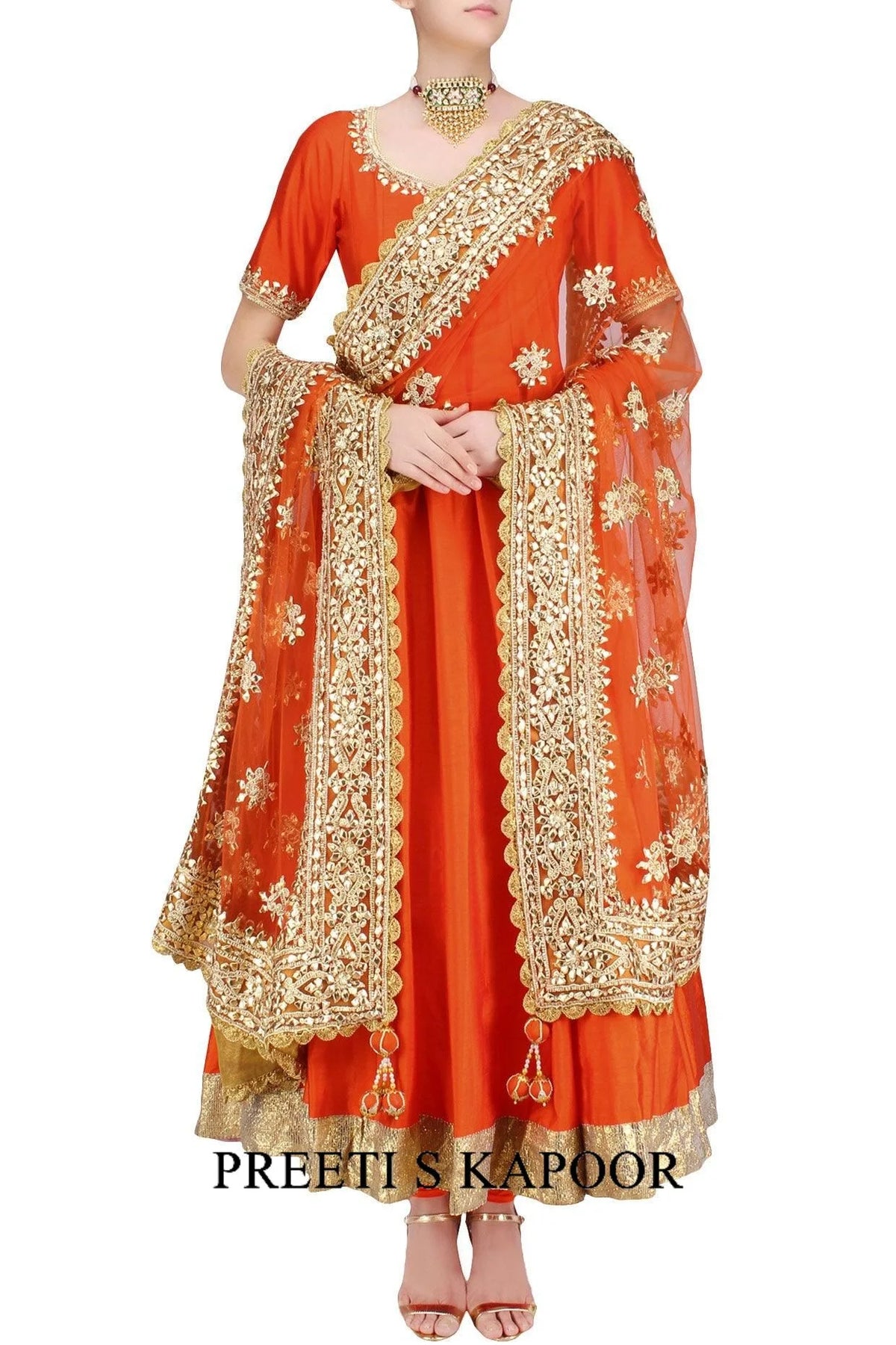 Orange Gota Patti And Sequins Embroidered Anarkali Set - Preeti S Kapoor