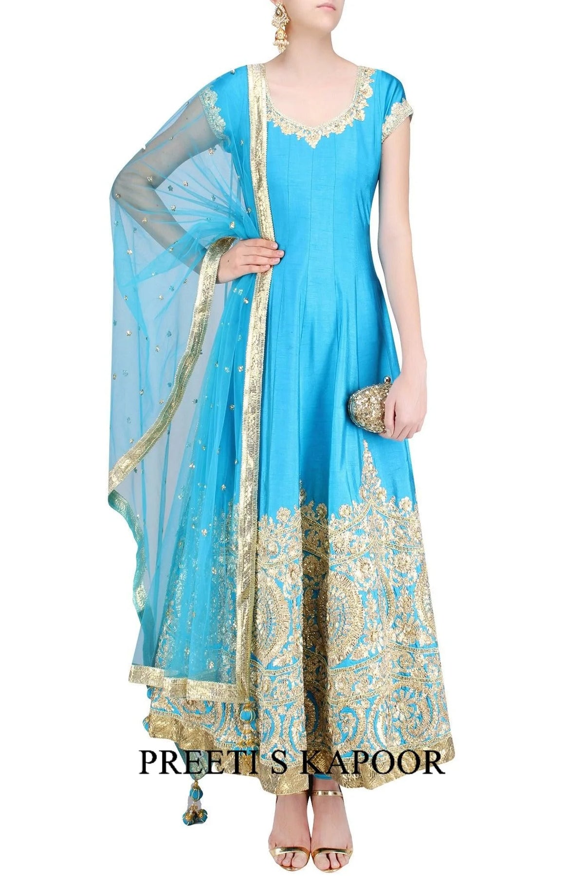 Turquoise Blue And Gold Gota Patti Embroidered Anarkali Set - Preeti S Kapoor