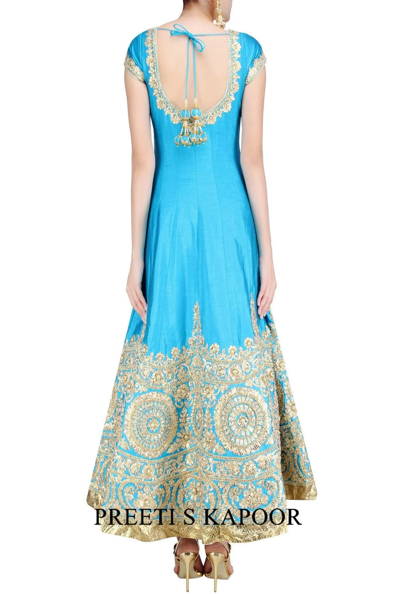 Turquoise Blue And Gold Gota Patti Embroidered Anarkali Set - Preeti S Kapoor