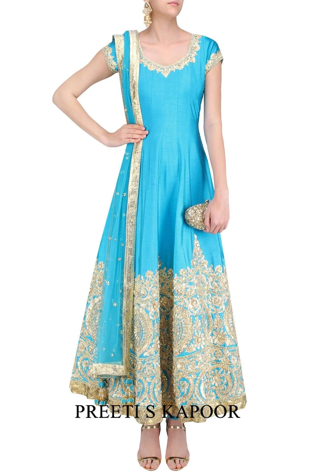 Turquoise Blue And Gold Gota Patti Embroidered Anarkali Set - Preeti S Kapoor