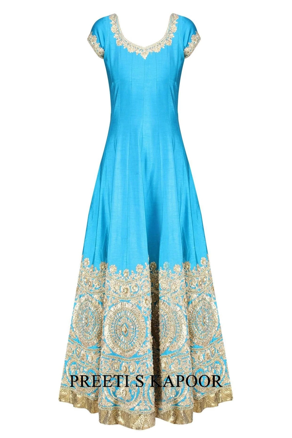 Turquoise Blue And Gold Gota Patti Embroidered Anarkali Set - Preeti S Kapoor