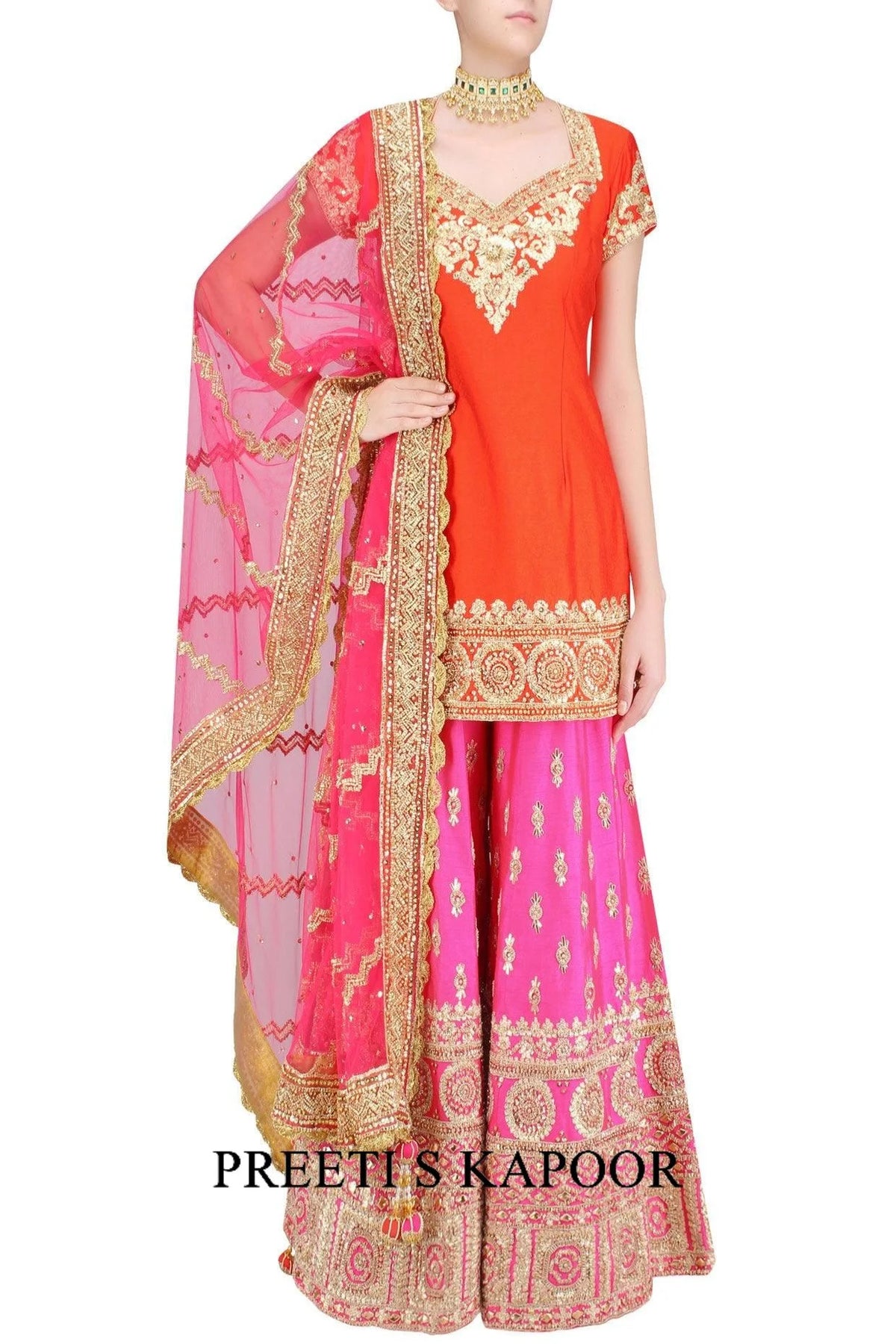 Orange Gota Patti Embroidered Kurta And Hot Pink Sharara Pants Set - Preeti S Kapoor