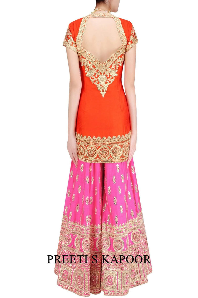 Orange Gota Patti Embroidered Kurta And Hot Pink Sharara Pants Set - Preeti S Kapoor