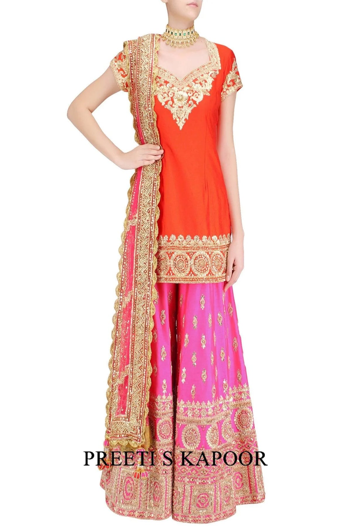 Orange Gota Patti Embroidered Kurta And Hot Pink Sharara Pants Set - Preeti S Kapoor