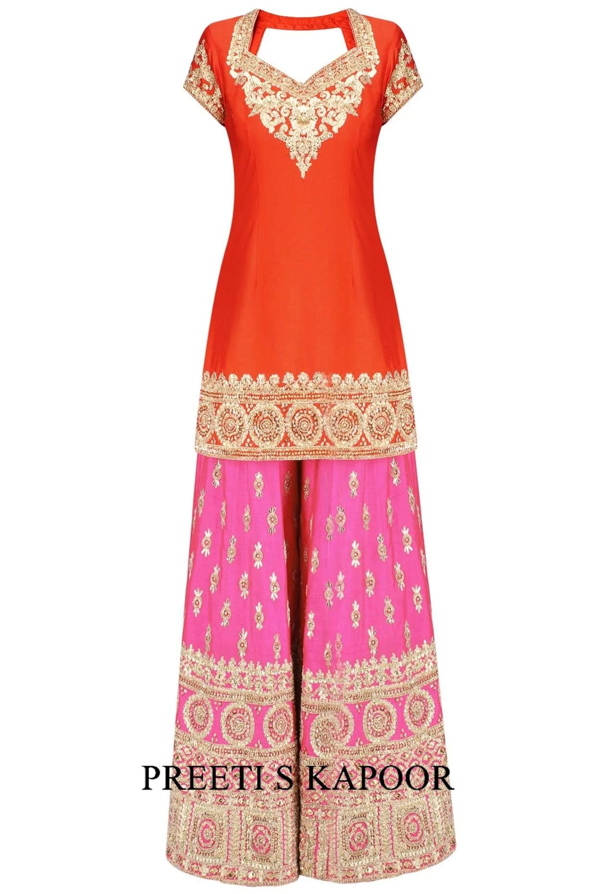 Orange Gota Patti Embroidered Kurta And Hot Pink Sharara Pants Set - Preeti S Kapoor
