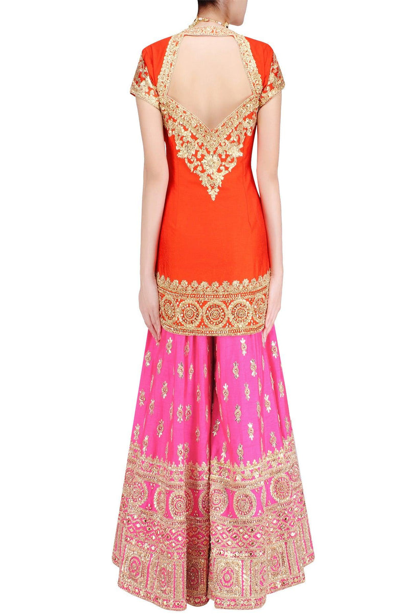 Orange Gota Patti Embroidered Kurta And Hot Pink Sharara Pants Set - Preeti s kapoor