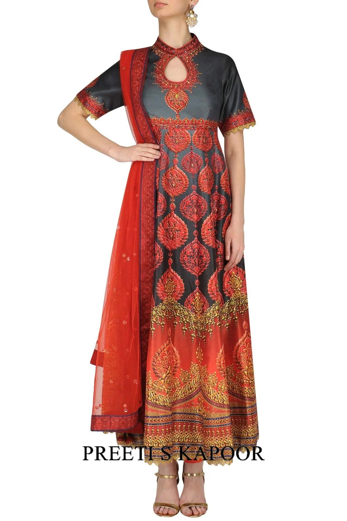 Red And Grey Swarosvski Embellished Digital Print Anarkali Set - Preeti S Kapoor