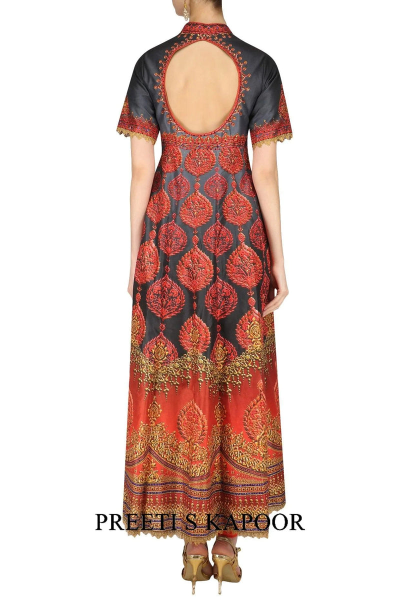 Red And Grey Swarosvski Embellished Digital Print Anarkali Set - Preeti S Kapoor