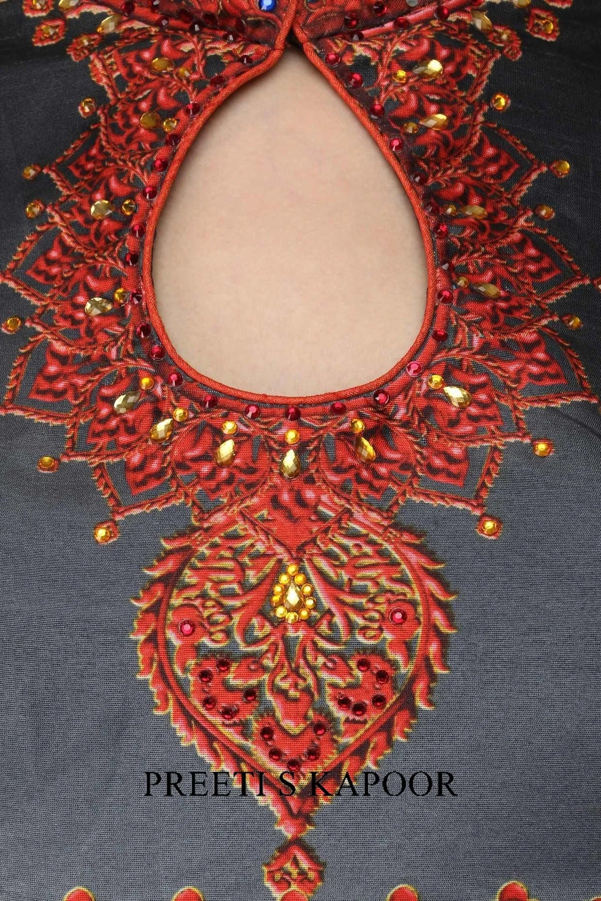 Red And Grey Swarosvski Embellished Digital Print Anarkali Set - Preeti S Kapoor