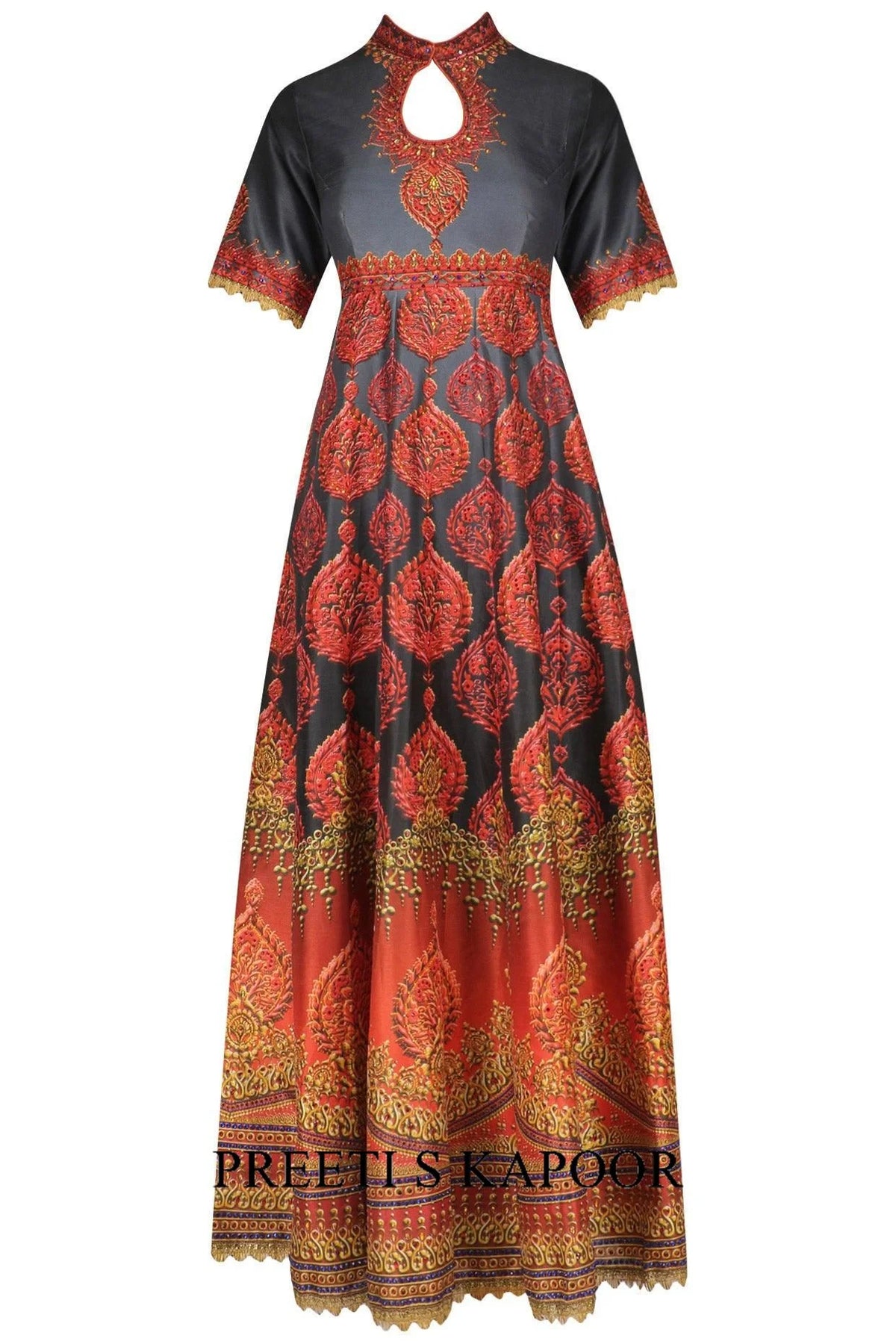 Red And Grey Swarosvski Embellished Digital Print Anarkali Set - Preeti S Kapoor