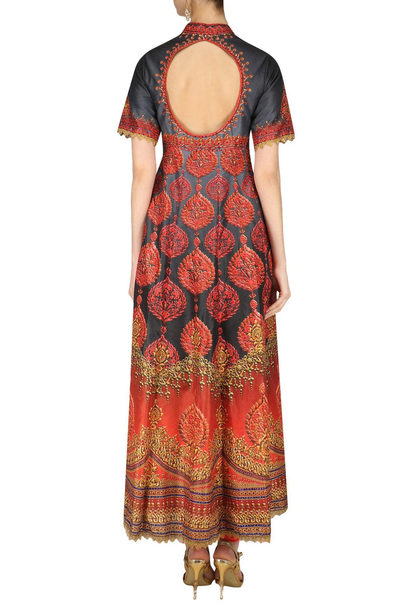 Red And Grey Swarosvski Embellished Digital Print Anarkali Set - Preeti s kapoor