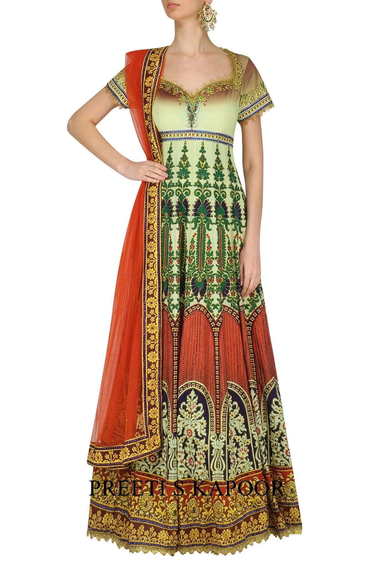 Red, Off White And Green Ombre Gota Embroidered Anarkali Set - Preeti S Kapoor