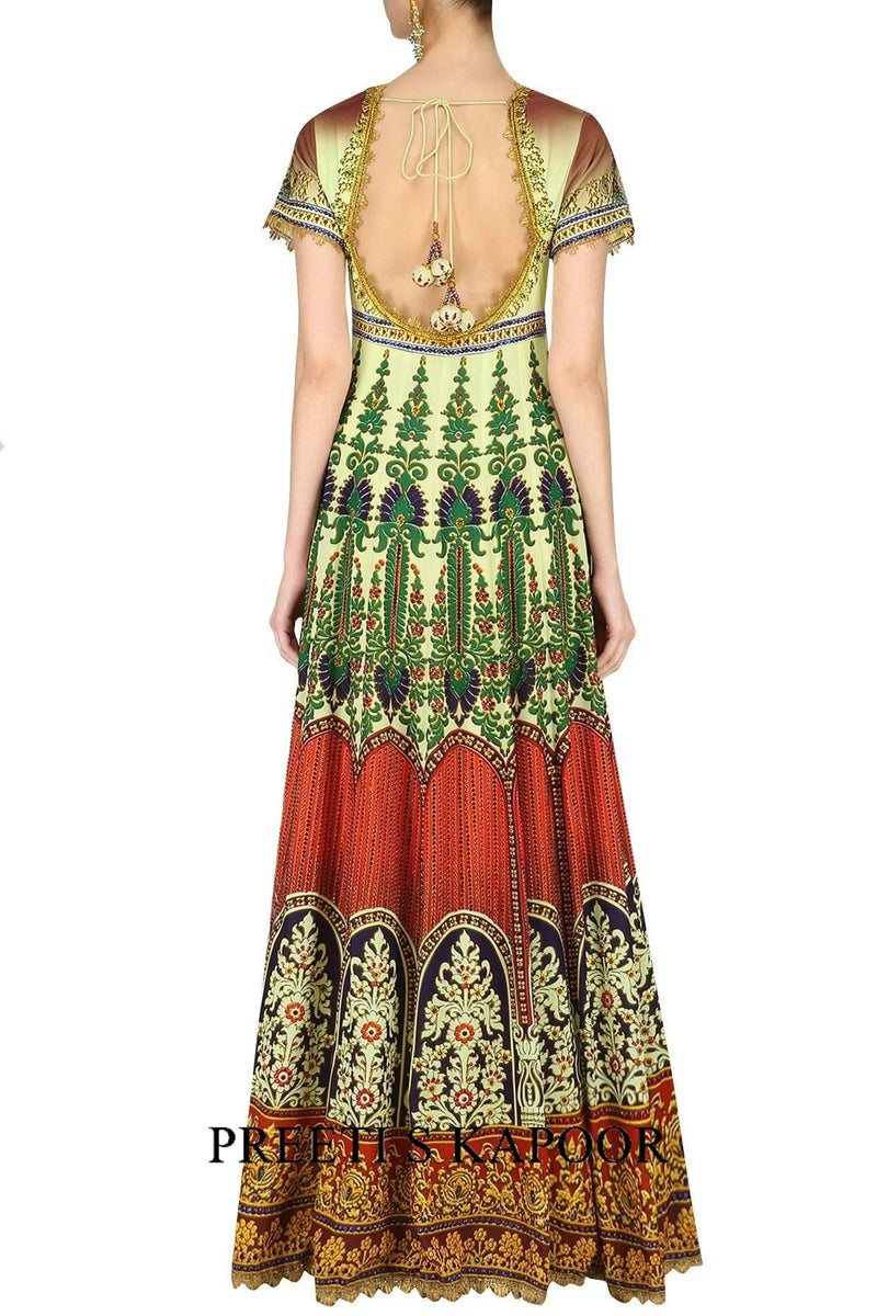 Red, Off White And Green Ombre Gota Embroidered Anarkali Set - Preeti S Kapoor