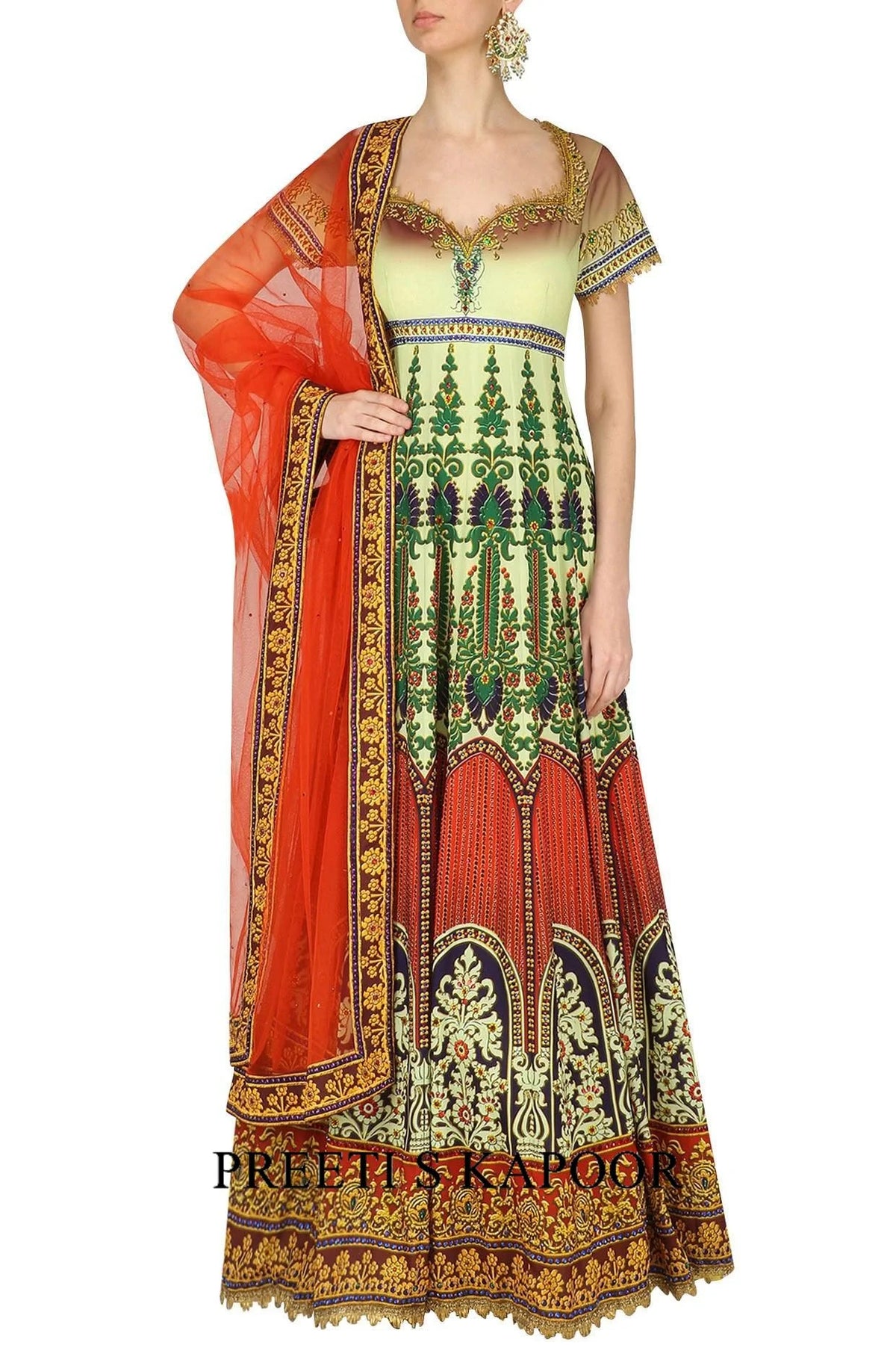 Red, Off White And Green Ombre Gota Embroidered Anarkali Set - Preeti S Kapoor