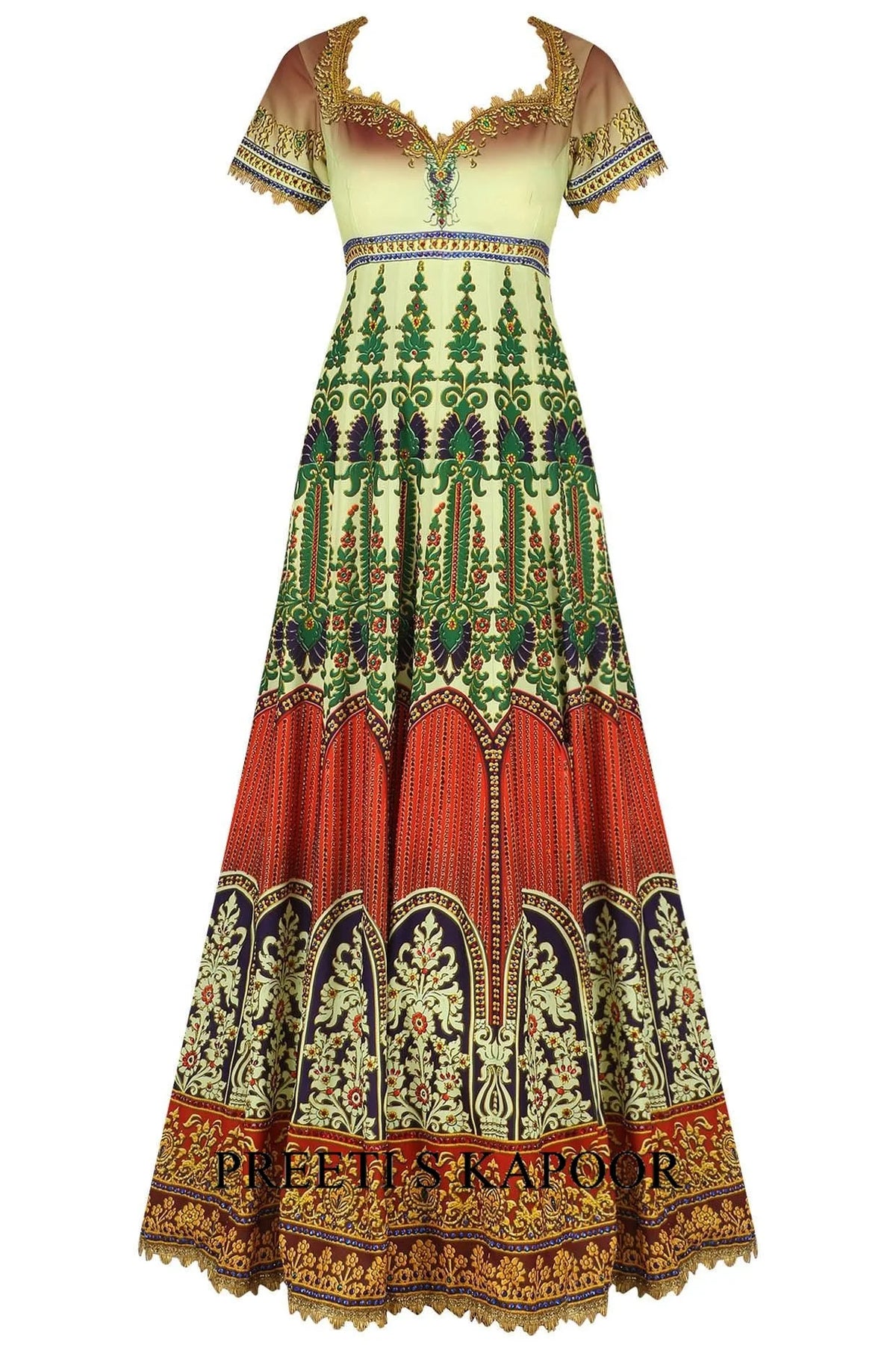 Red, Off White And Green Ombre Gota Embroidered Anarkali Set - Preeti S Kapoor