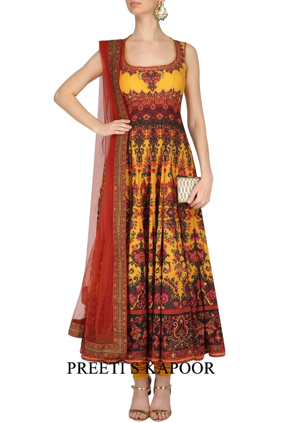 Mustard And Maroon Swarovski Embellished Anarkali Set - Preeti S Kapoor