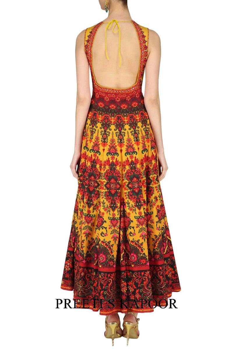 Mustard And Maroon Swarovski Embellished Anarkali Set - Preeti S Kapoor