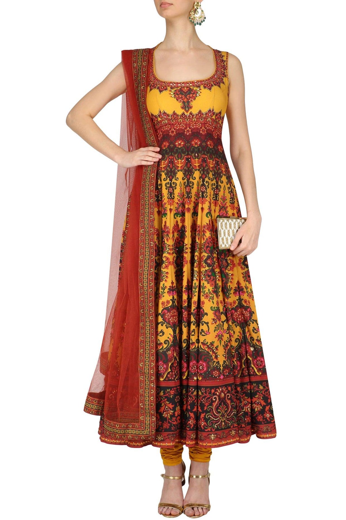 Mustard And Maroon Swarovski Embellished Anarkali Set - Preeti s kapoor