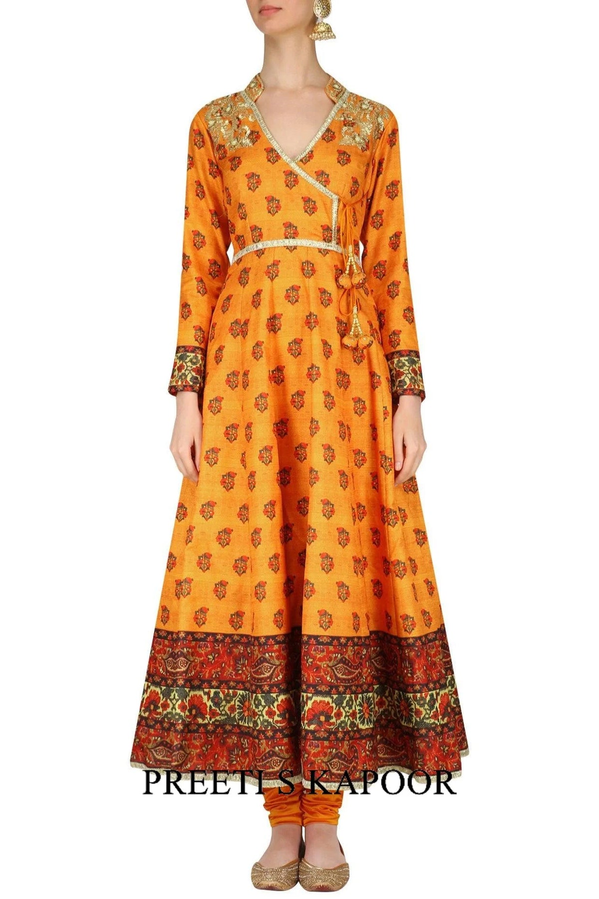 Mustard Printed Floor Length Angrakha Kurta - Preeti S Kapoor