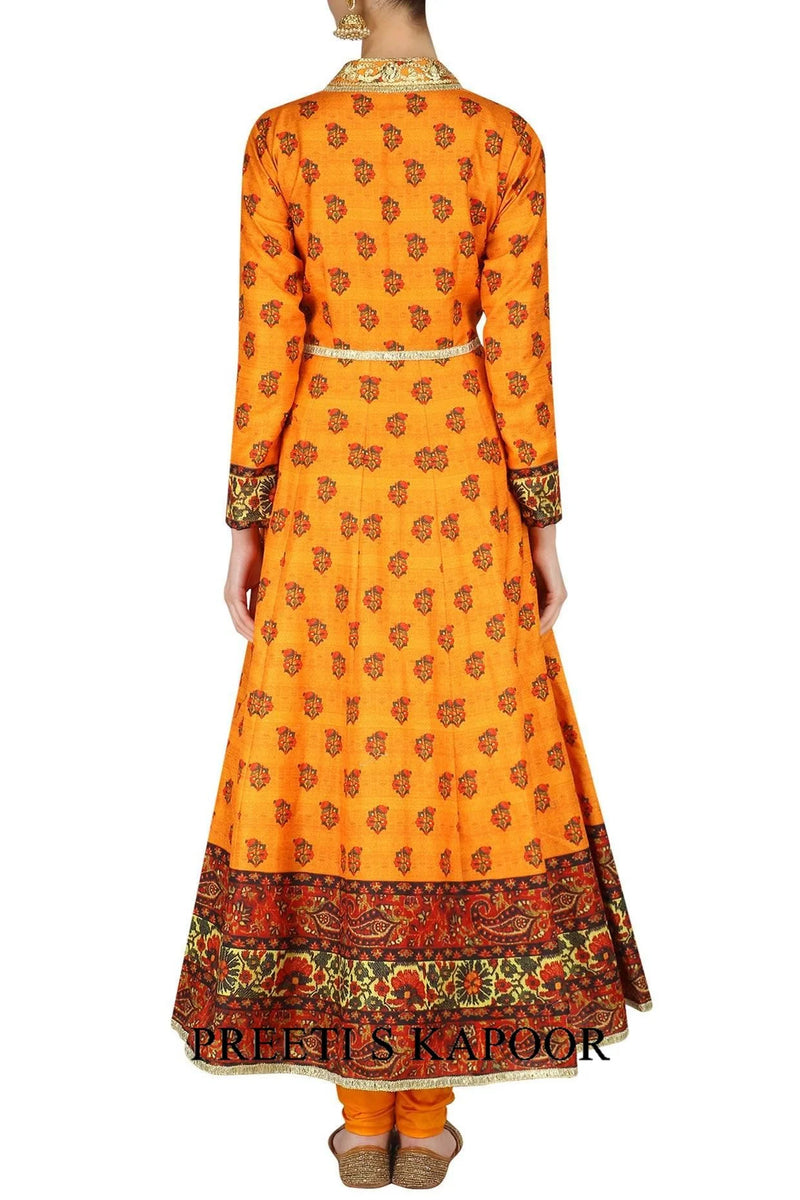 Mustard Printed Floor Length Angrakha Kurta - Preeti S Kapoor