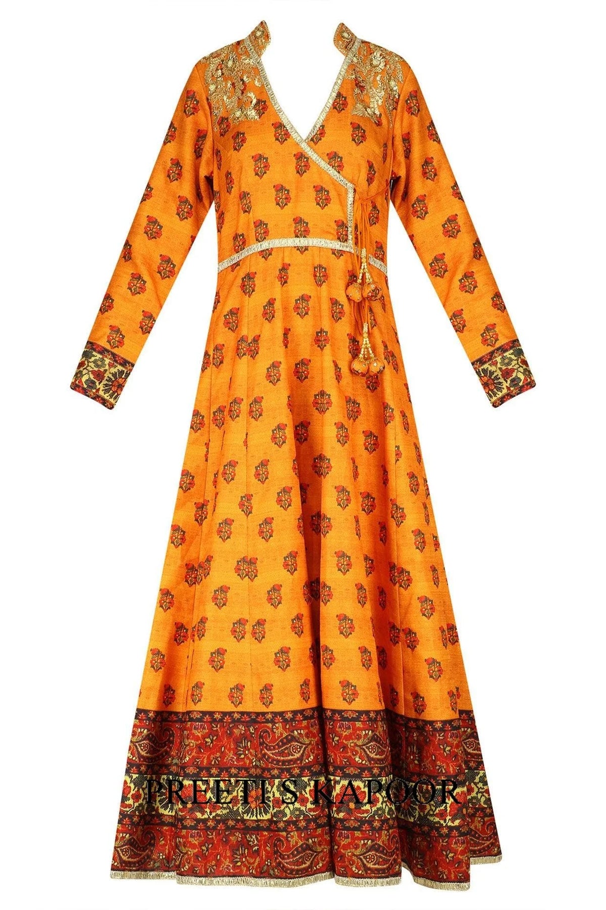 Mustard Printed Floor Length Angrakha Kurta - Preeti S Kapoor