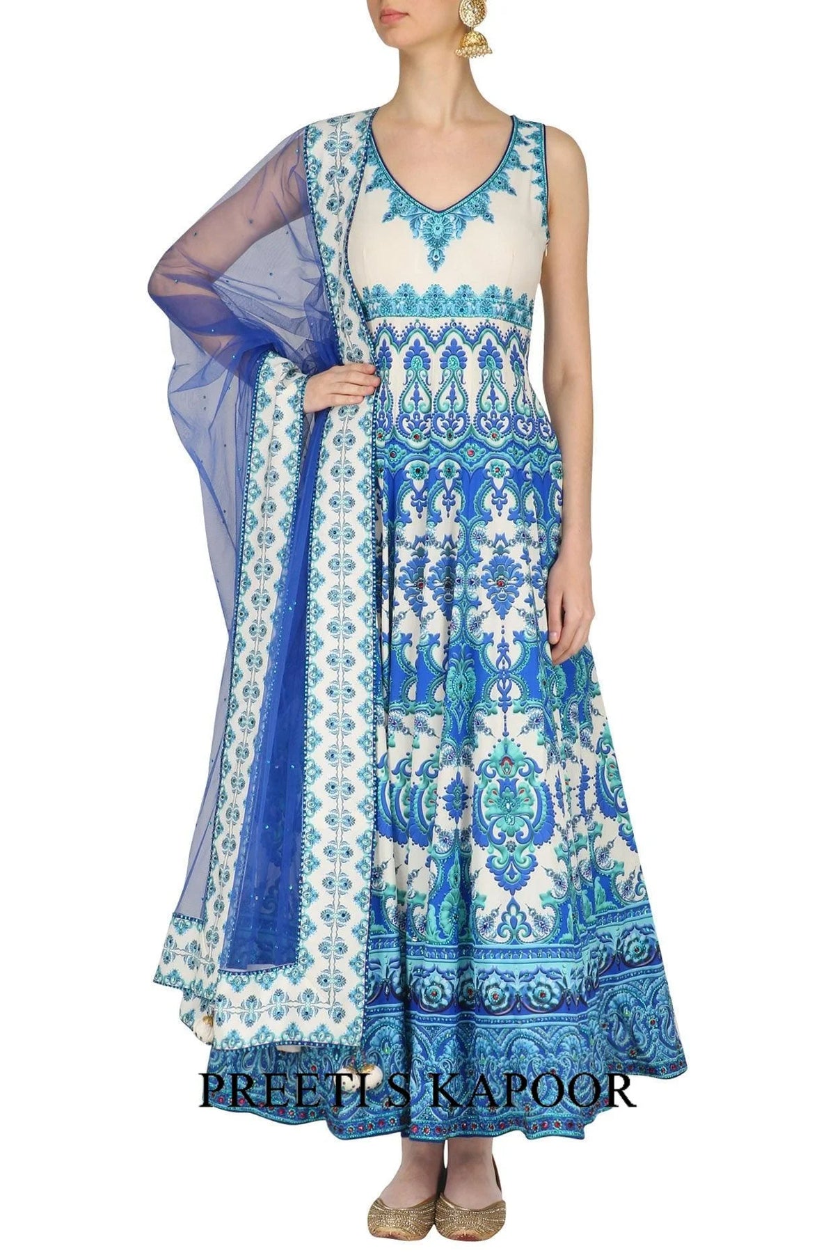 Blue And White Swarovski Embellished Anarkali Set - Preeti S Kapoor