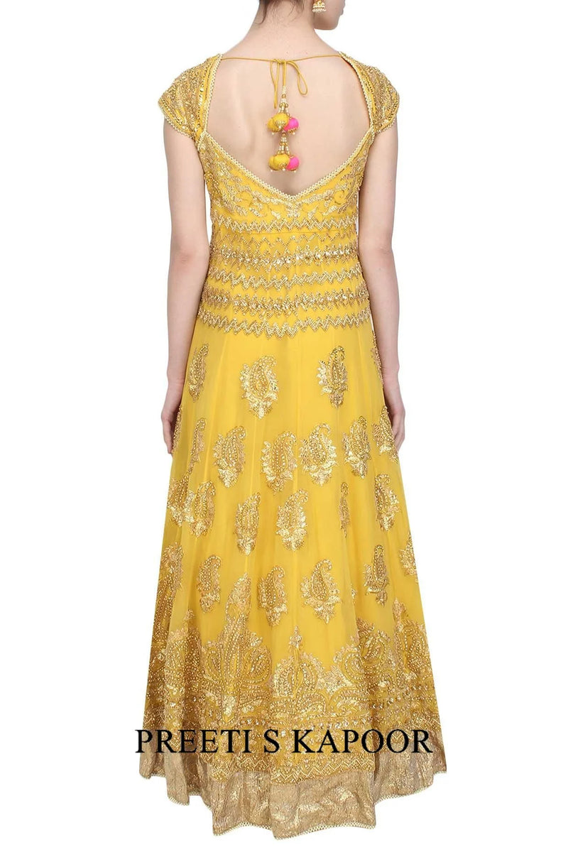 Yellow Gota Patti And Beads Embroidered Anarkali Set - Preeti S Kapoor
