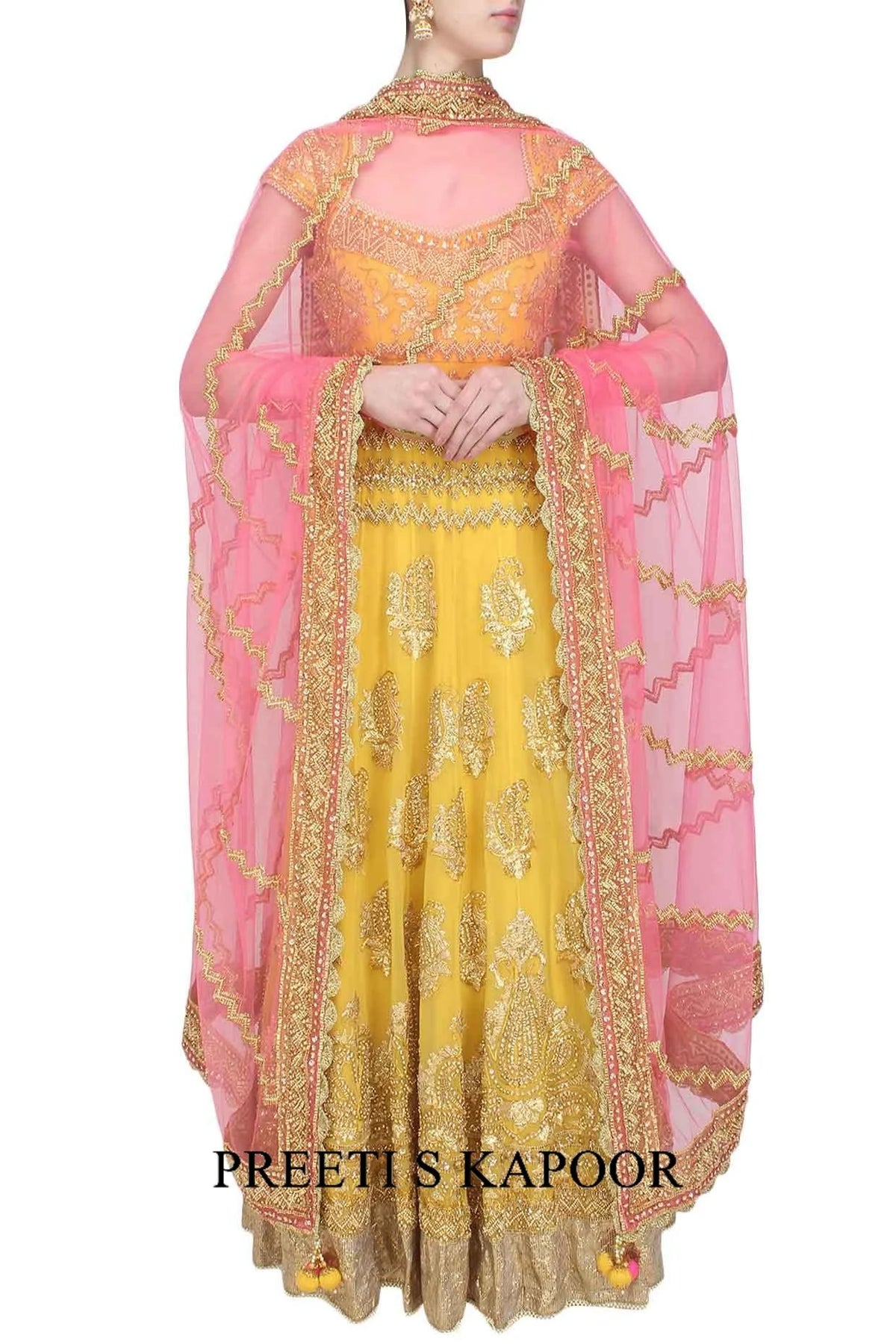 Yellow Gota Patti And Beads Embroidered Anarkali Set - Preeti S Kapoor