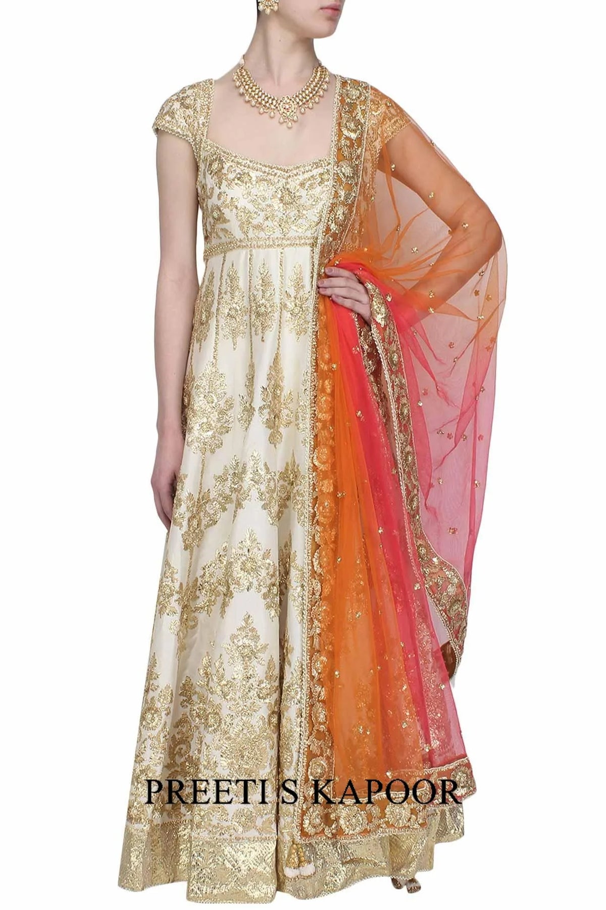 Off White Gota Patti Embroidered Floral Motifs Anarkali Set - Preeti S Kapoor