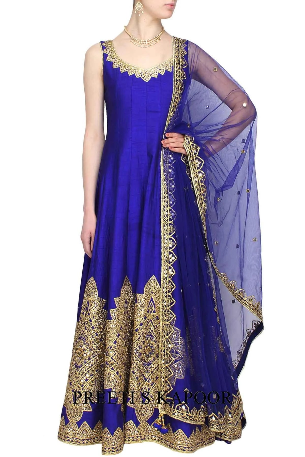 Blue Mirror Work And Gota Patti Embroidered Anarkali Set - Preeti S Kapoor