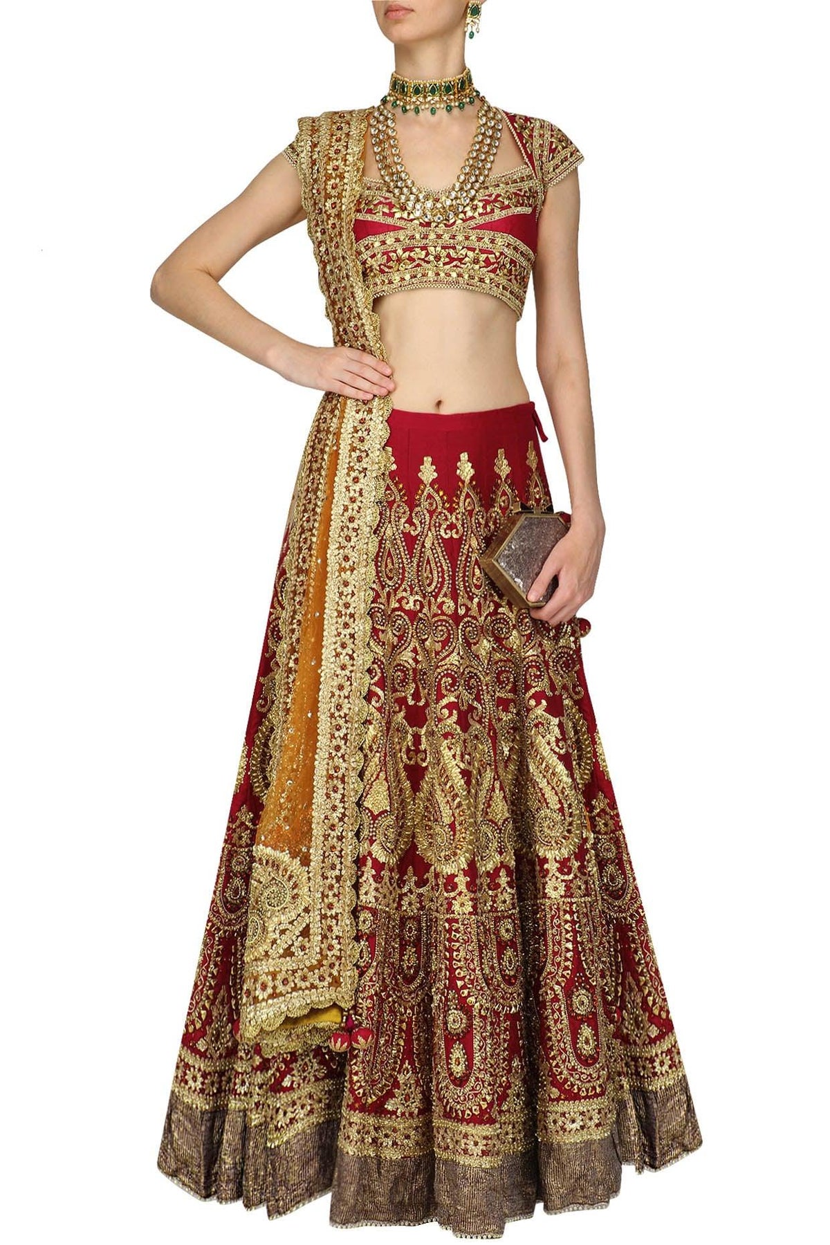 Red And Gold Embroidered Lehenga Set - Preeti s kapoor