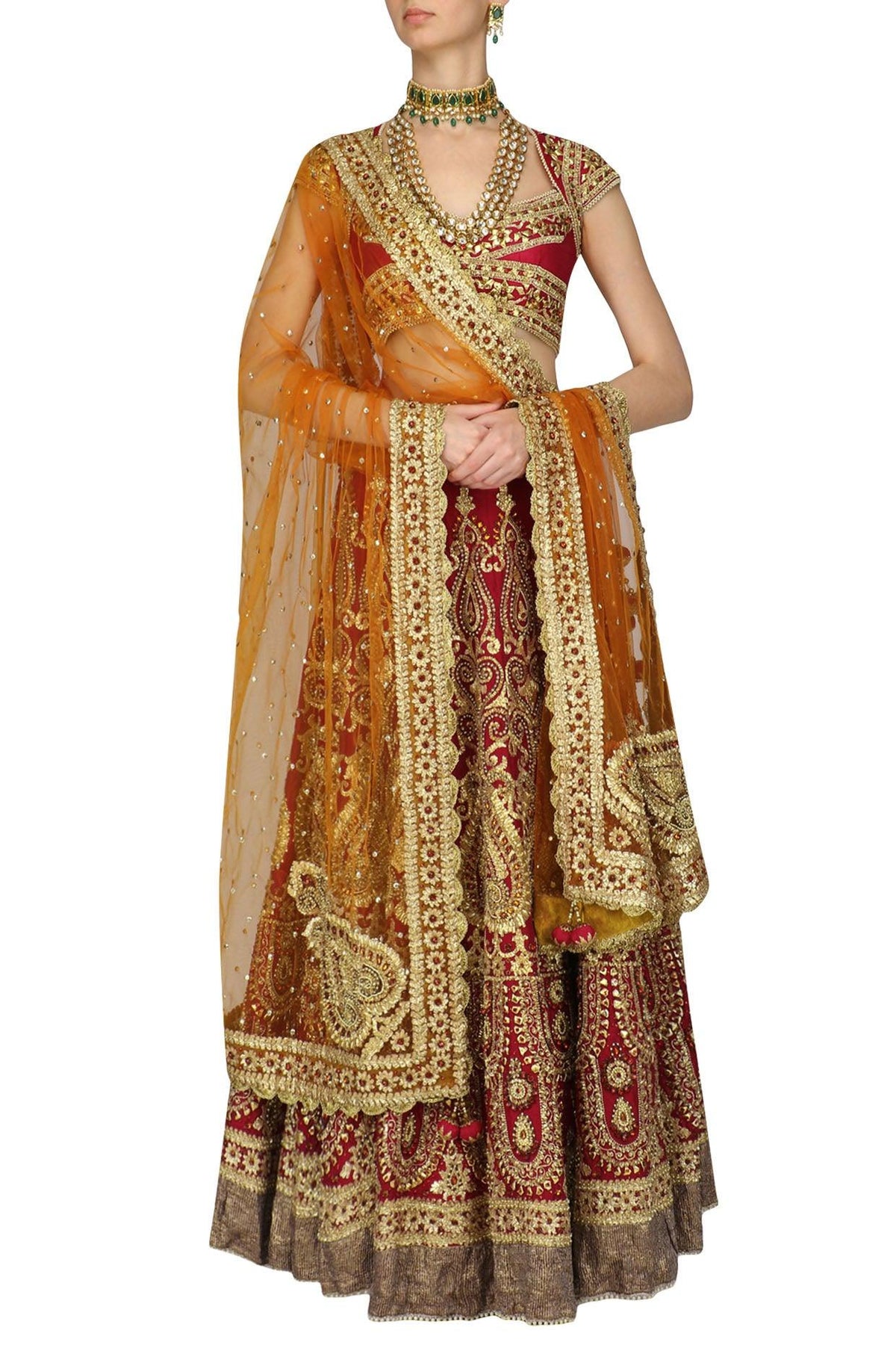Red And Gold Embroidered Lehenga Set - Preeti s kapoor